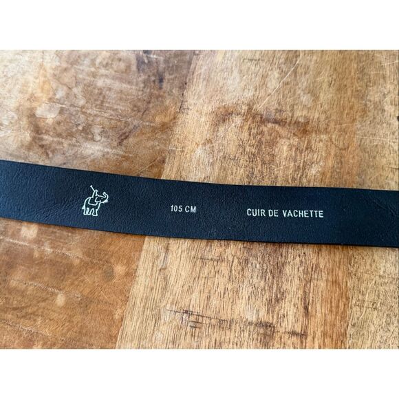 Black Leather Belt Elephant Logo Silver Buckle Classic Style Men’s 105cm - Picture 3 of 7
